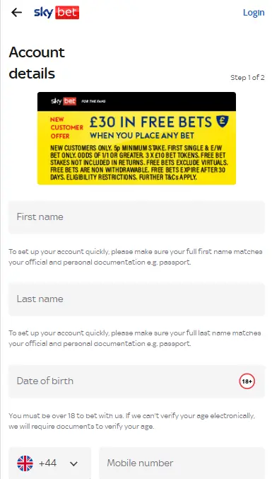 Skybet Registration Process Step 1