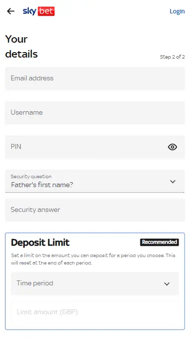 Skybet Sign Up Process Step 2